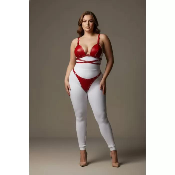 Büyük Beden Kırmızı Kadın Harness Takım Seksi Deri Zımba Detaylı - APFT849