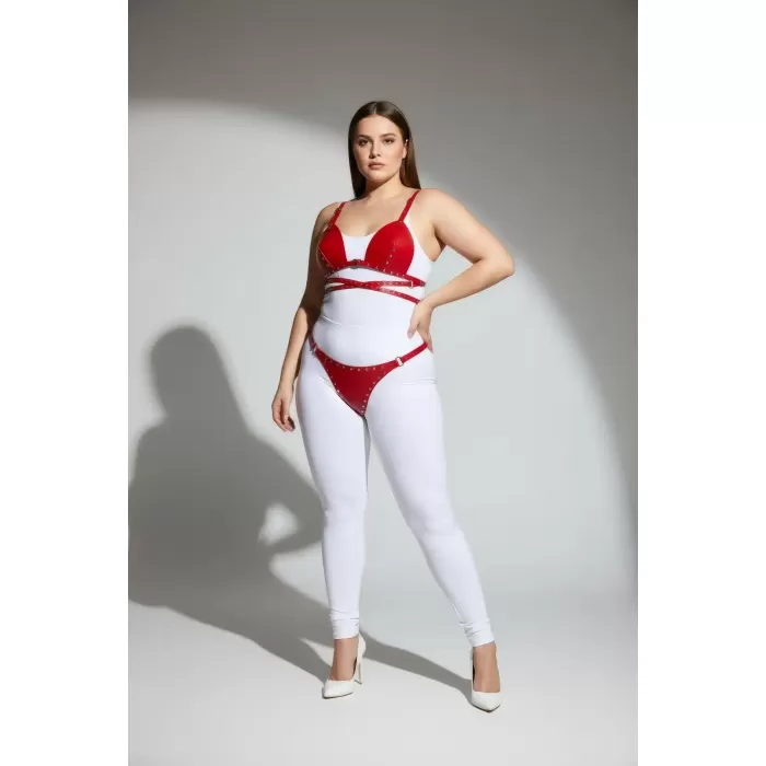 Büyük Beden Kırmızı Kadın Harness Takım Seksi Deri Zımba Detaylı - APFT849