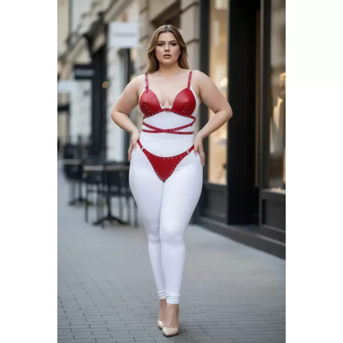 Büyük Beden Kırmızı Kadın Harness Takım Seksi Deri Zımba Detaylı - APFT849
