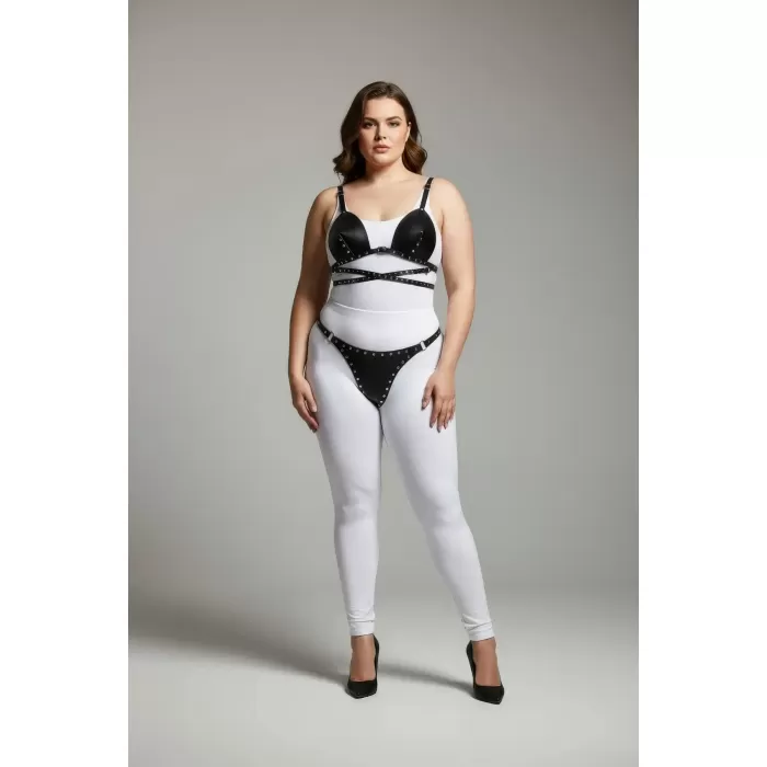 Büyük Beden Siyah Kadın Harness Takım Zımba Detaylı Deri Fantazi - APFT849