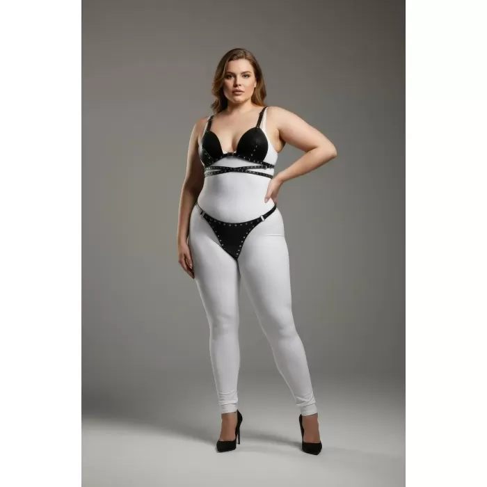 Büyük Beden Siyah Kadın Harness Takım Zımba Detaylı Deri Fantazi - APFT849