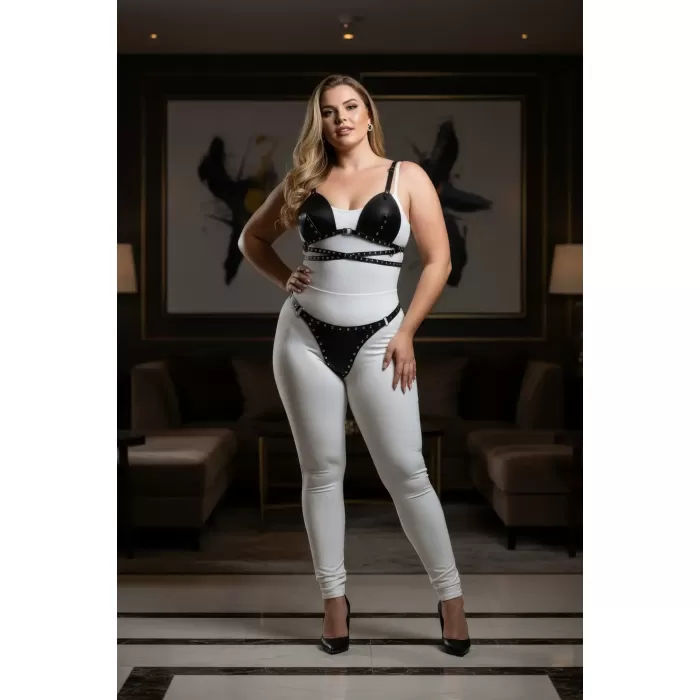 Büyük Beden Siyah Kadın Harness Takım Zımba Detaylı Deri Fantazi - APFT849