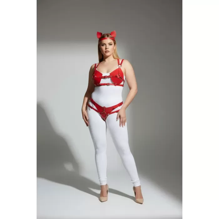 Büyük Beden Kırmızı Kadın Harness Takım Kedi Kulaklı Deri Fantazi Aksesuar - APFT871