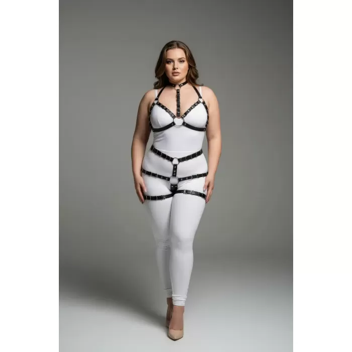 Büyük Beden Siyah Kadın Harness Takım Ayarlanabilir Deri Görünümlü Vücut Aksesuarı - APFT874