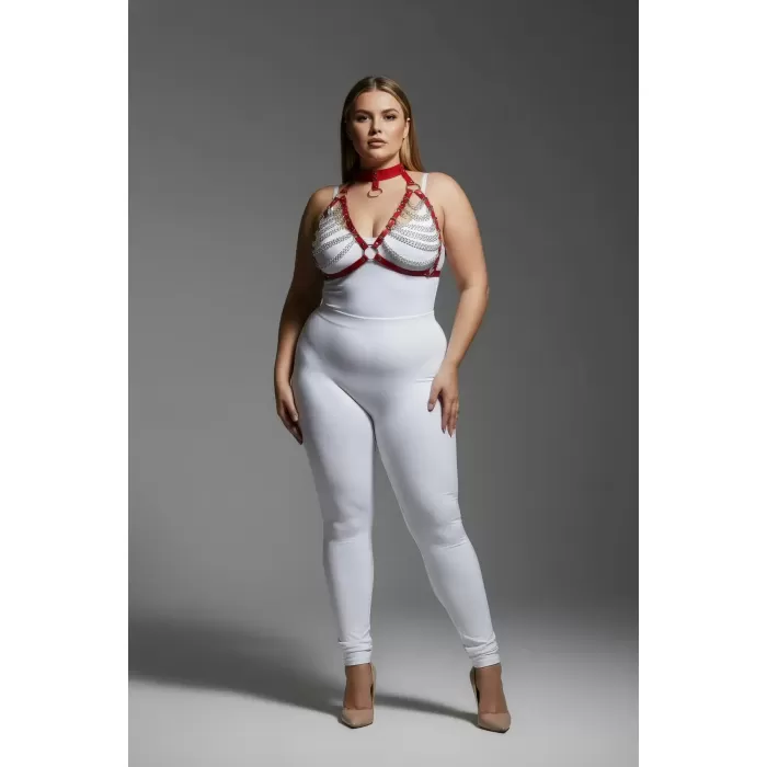 Büyük Beden Kırmızı Kadın Harness Takım Zincir Detaylı Fantezi Choker Yaka - APFT945