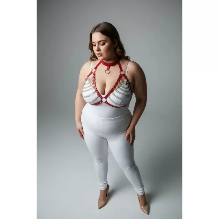 Büyük Beden Kırmızı Kadın Harness Takım Zincir Detaylı Fantezi Choker Yaka - APFT945