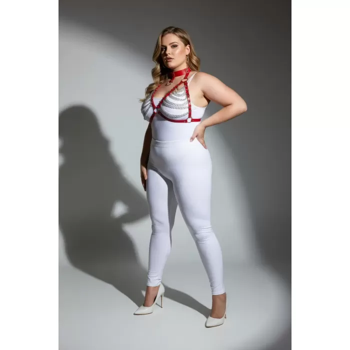 Büyük Beden Kırmızı Kadın Harness Takım Zincir Detaylı Fantezi Choker Yaka - APFT945