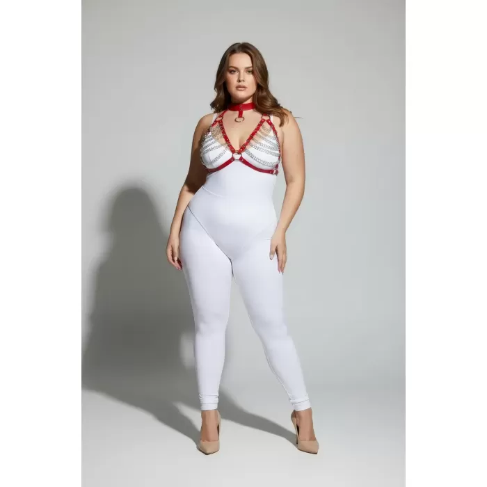 Büyük Beden Kırmızı Kadın Harness Takım Zincir Detaylı Fantezi Choker Yaka - APFT945