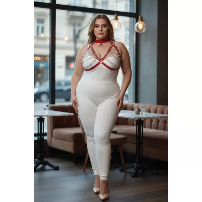 Büyük Beden Kırmızı Kadın Harness Takım Zincir Detaylı Fantezi Choker Yaka - APFT945