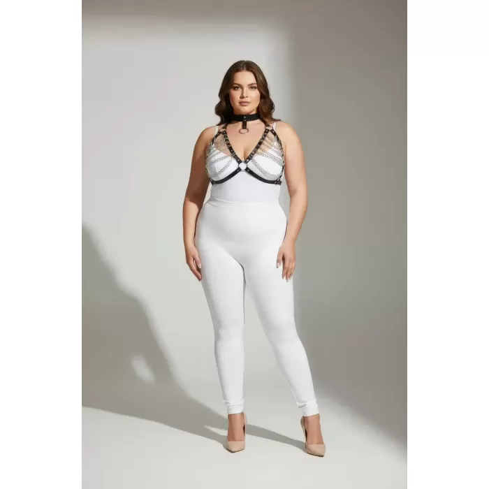 Büyük Beden Siyah Kadın Harness Takım Zincir Detaylı Deri Body Aksesuarı - APFT945