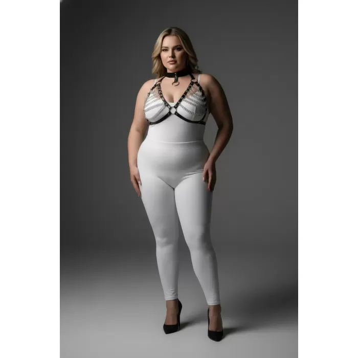 Büyük Beden Siyah Kadın Harness Takım Zincir Detaylı Deri Body Aksesuarı - APFT945