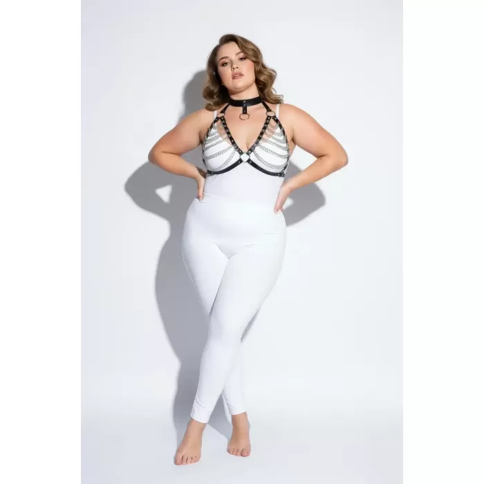 Büyük Beden Siyah Kadın Harness Takım Zincir Detaylı Deri Body Aksesuarı - APFT945