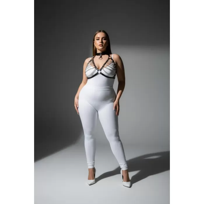 Büyük Beden Siyah Kadın Harness Takım Zincir Detaylı Deri Body Aksesuarı - APFT945