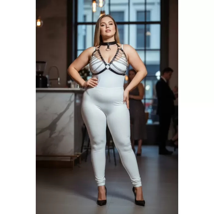 Büyük Beden Siyah Kadın Harness Takım Zincir Detaylı Deri Body Aksesuarı - APFT945