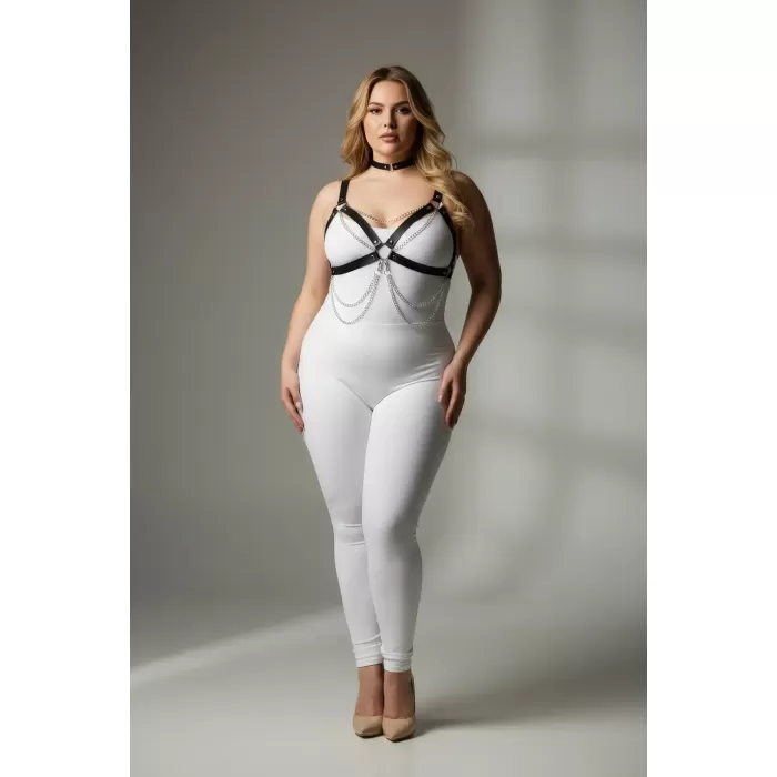 Büyük Beden Siyah Kadın Harness Takım Zincir Detaylı Deri Vücut Aksesuarı - APFT952