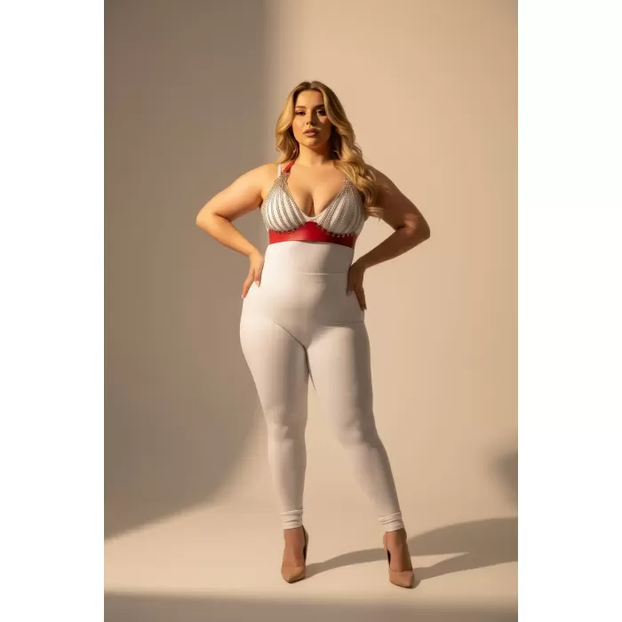 Büyük Beden Kırmızı Kadın Zincir Detaylı Deri Harness Takım - APFT964