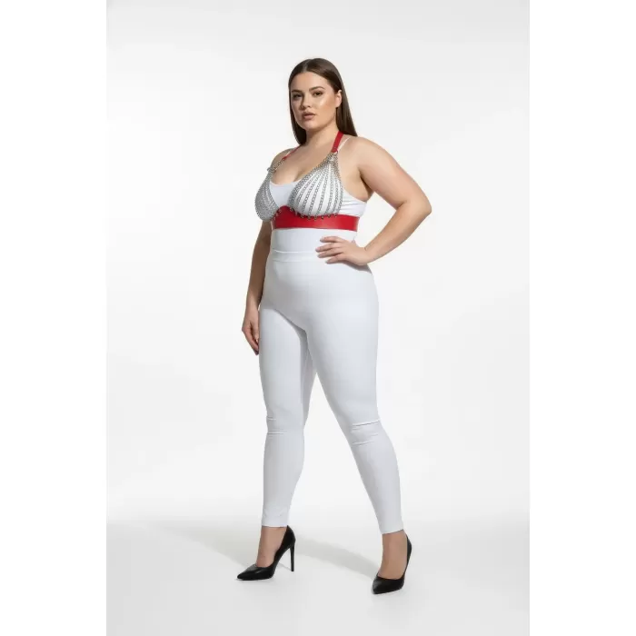 Büyük Beden Kırmızı Kadın Zincir Detaylı Deri Harness Takım - APFT964