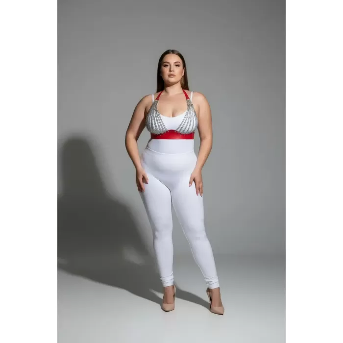 Büyük Beden Kırmızı Kadın Zincir Detaylı Deri Harness Takım - APFT964