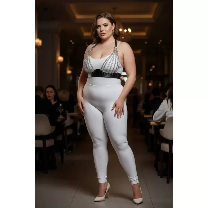 Büyük Beden Siyah Kadın Harness Takım Zincir Detaylı Deri Fantezi Aksesuar - APFT964