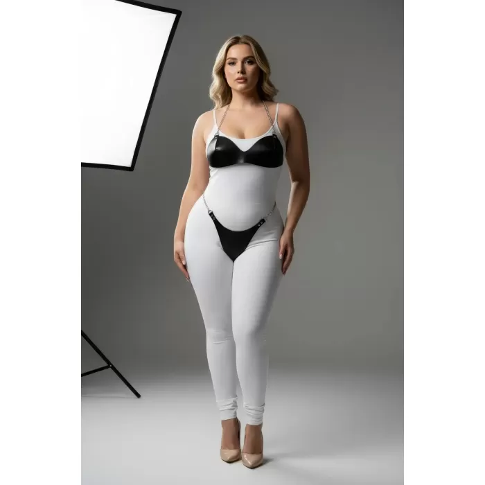 Büyük Beden Siyah Kadın Harness Takım Zincir Detaylı Fantazi Deri Görünümlü - APFT1169