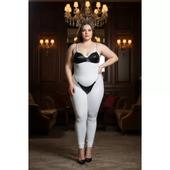 Büyük Beden Siyah Kadın Harness Takım Zincir Detaylı Fantazi Deri Görünümlü - APFT1169
