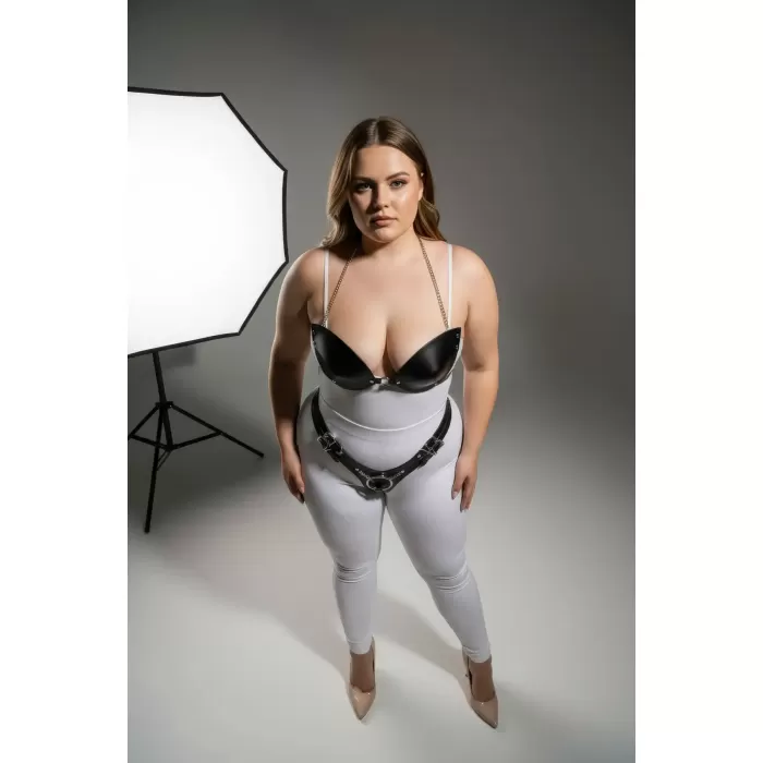 Büyük Beden Siyah Kadın Deri Harness Takım Zincir Detaylı Fantazi Aksesuar - APFT1223