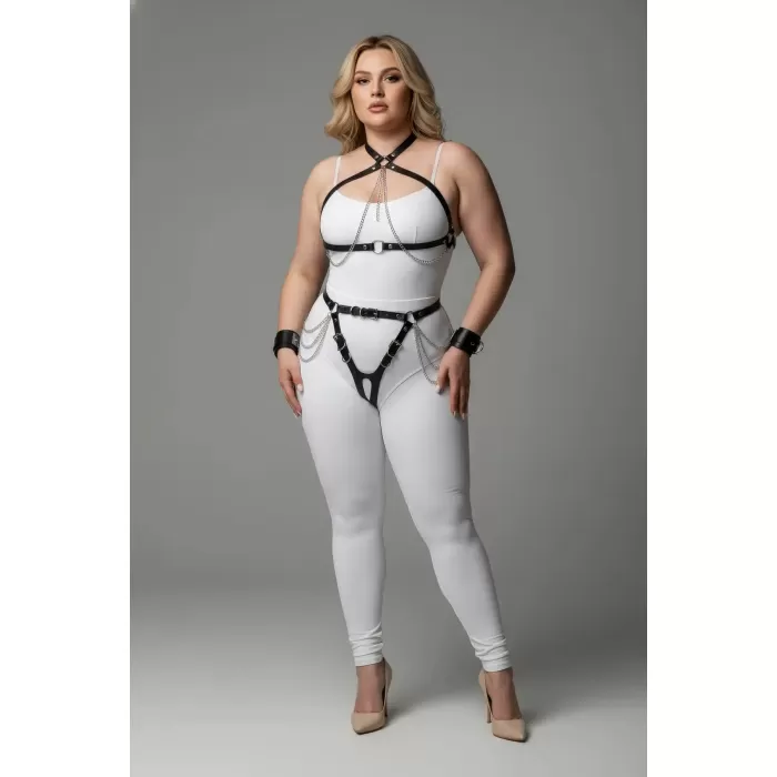 Büyük Beden Siyah Kadın Deri Harness Takım Zincir ve Jartiyer Detaylı - APFT1224
