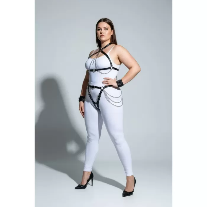 Büyük Beden Siyah Kadın Deri Harness Takım Zincir ve Jartiyer Detaylı - APFT1224