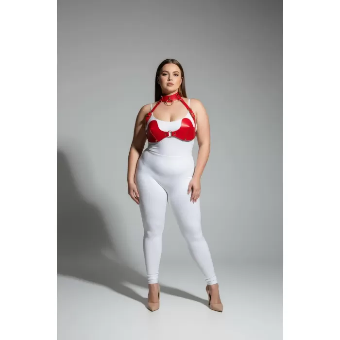Büyük Beden Kırmızı Kadın Harness Takım Deri Sütyen Halka Detaylı Fantezi Aksesuar - APFT1226