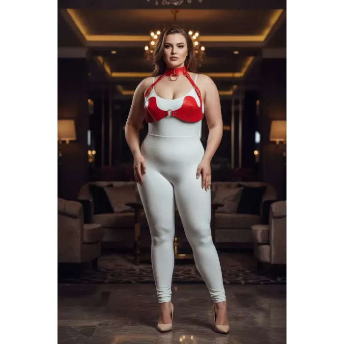Büyük Beden Kırmızı Kadın Harness Takım Deri Sütyen Halka Detaylı Fantezi Aksesuar - APFT1226
