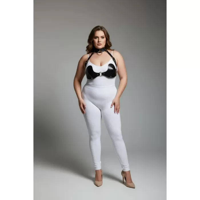 Büyük Beden Siyah Kadın Harness Takım Göğüs ve Choker Detaylı Seksi Deri - APFT1226