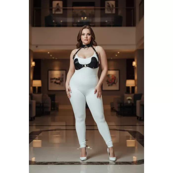 Büyük Beden Siyah Kadın Harness Takım Göğüs ve Choker Detaylı Seksi Deri - APFT1226