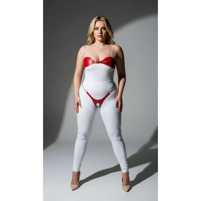 Büyük Beden Kırmızı Kadın Deri Zincir Detaylı Fantezi Harness Takım - APFT1234