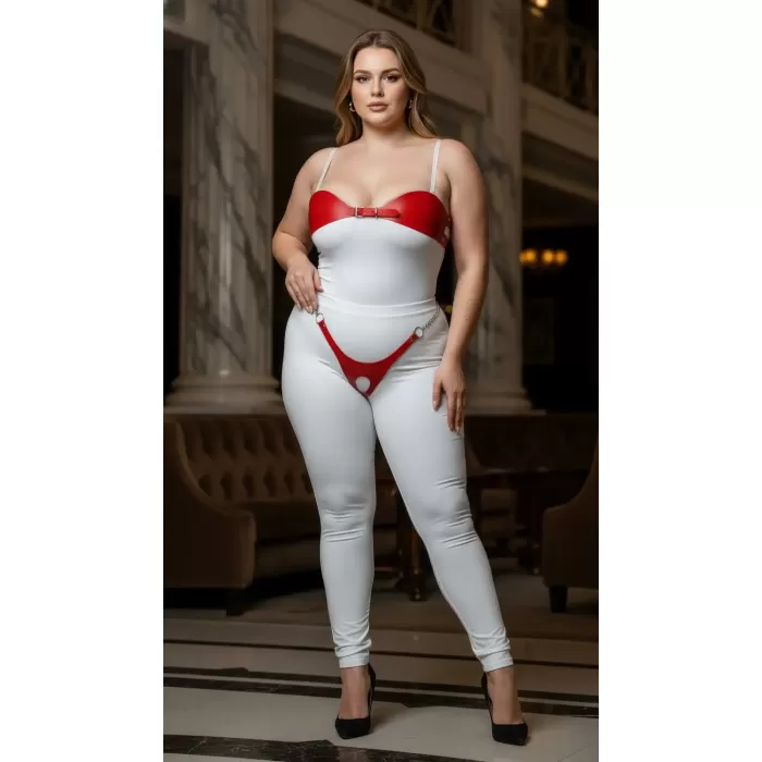 Büyük Beden Kırmızı Kadın Deri Zincir Detaylı Fantezi Harness Takım - APFT1234