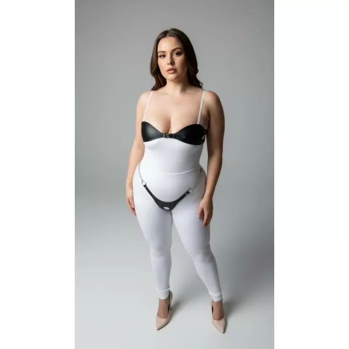 Büyük Beden Siyah Kadın Harness Takım Zincir ve Halka Detaylı Deri Fantezi Aksesuar - APFT1234