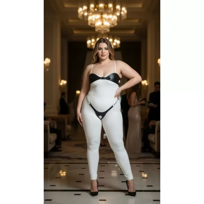 Büyük Beden Siyah Kadın Harness Takım Zincir ve Halka Detaylı Deri Fantezi Aksesuar - APFT1234