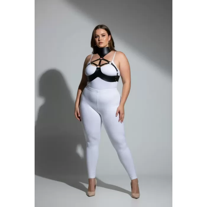 Büyük Beden Siyah Kadın Deri Harness Takım Yüksek Yaka Halka Detaylı - APFT1237