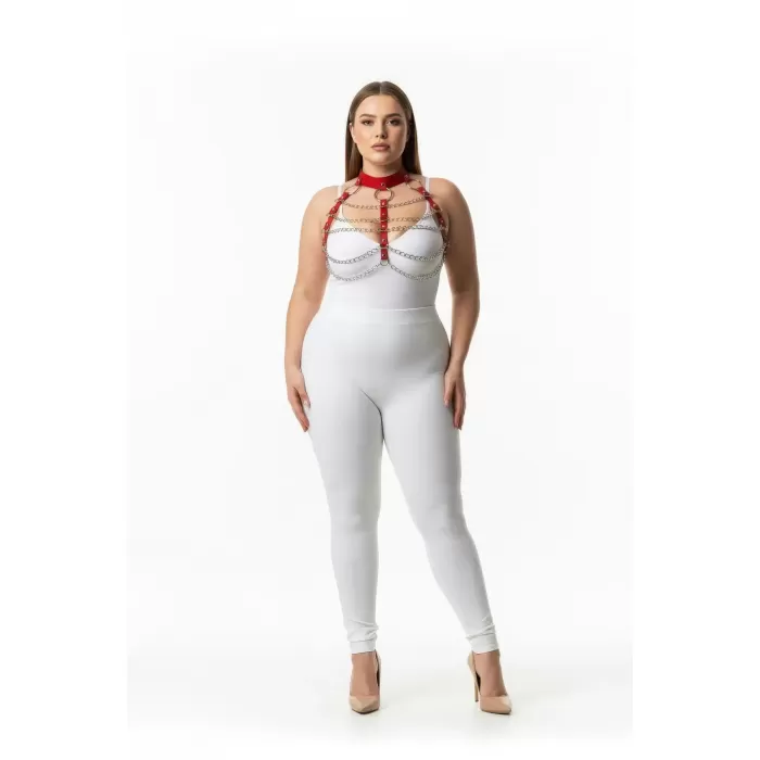 Büyük Beden Kırmızı Kadın Deri Harness Takım Zincir Detaylı Şık Aksesuar - APFT1285