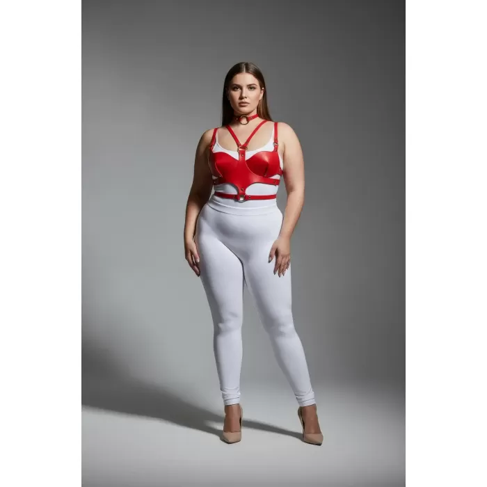 Büyük Beden Kırmızı Kadın Harness Takım Deri Halka Detaylı Fantezi Aksesuar - APFT1296