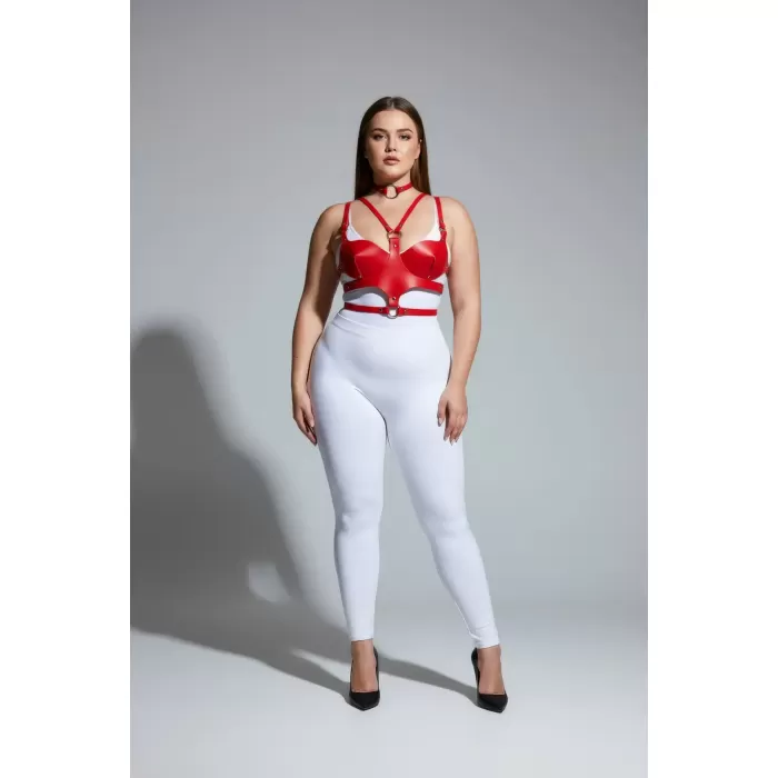 Büyük Beden Kırmızı Kadın Harness Takım Deri Halka Detaylı Fantezi Aksesuar - APFT1296