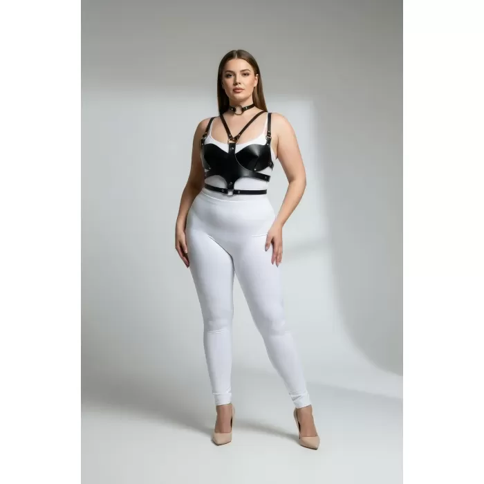 Büyük Beden Siyah Kadın Deri Göğüs Harness Takım Choker Detaylı Fantezi Aksesuar - APFT1296
