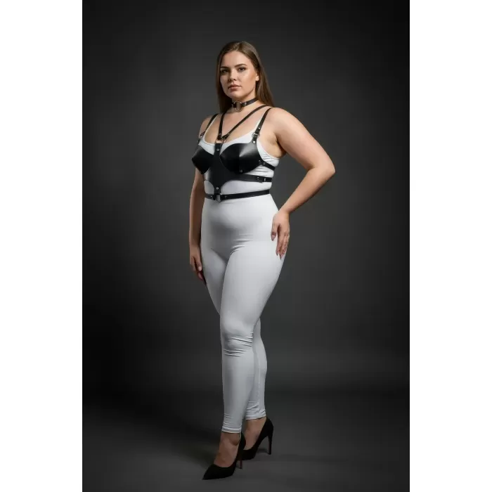 Büyük Beden Siyah Kadın Deri Göğüs Harness Takım Choker Detaylı Fantezi Aksesuar - APFT1296