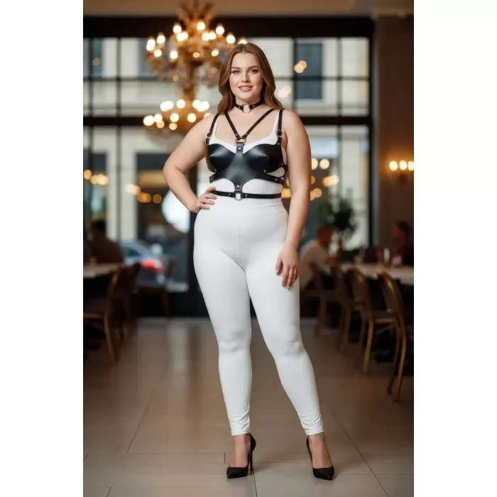 Büyük Beden Siyah Kadın Deri Göğüs Harness Takım Choker Detaylı Fantezi Aksesuar - APFT1296