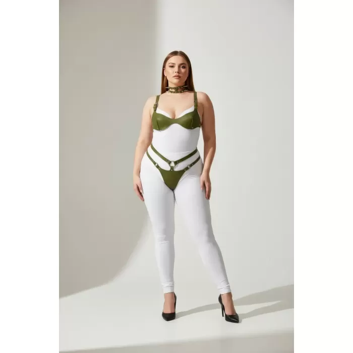 Büyük Beden Haki Kadın Harness Takım Deri Sütyenli, Tasma ve Halka Detaylı Fantezi Aksesuar - APFT1298