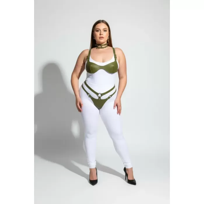 Büyük Beden Haki Kadın Harness Takım Deri Sütyenli, Tasma ve Halka Detaylı Fantezi Aksesuar - APFT1298