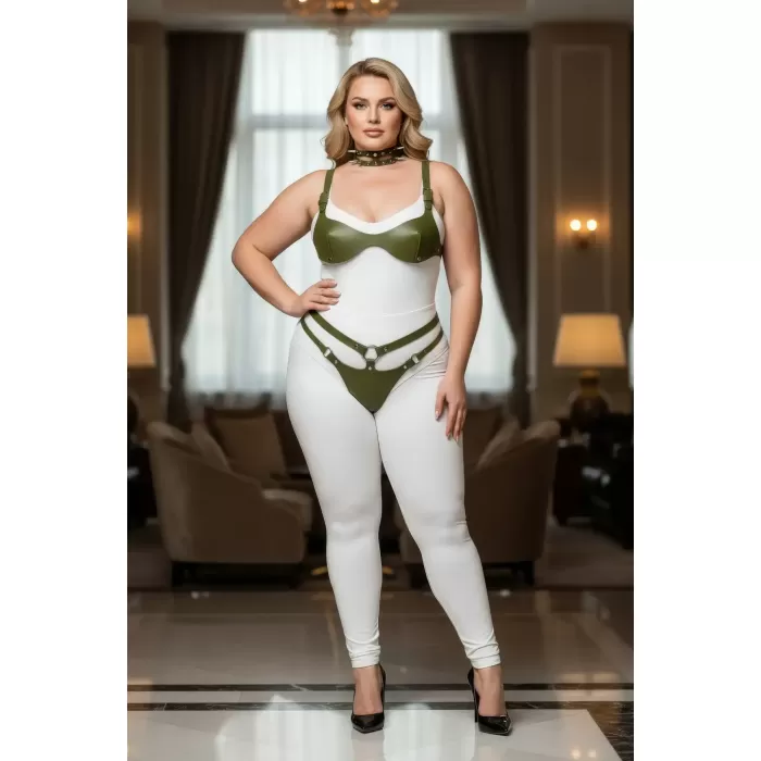 Büyük Beden Haki Kadın Harness Takım Deri Sütyenli, Tasma ve Halka Detaylı Fantezi Aksesuar - APFT1298