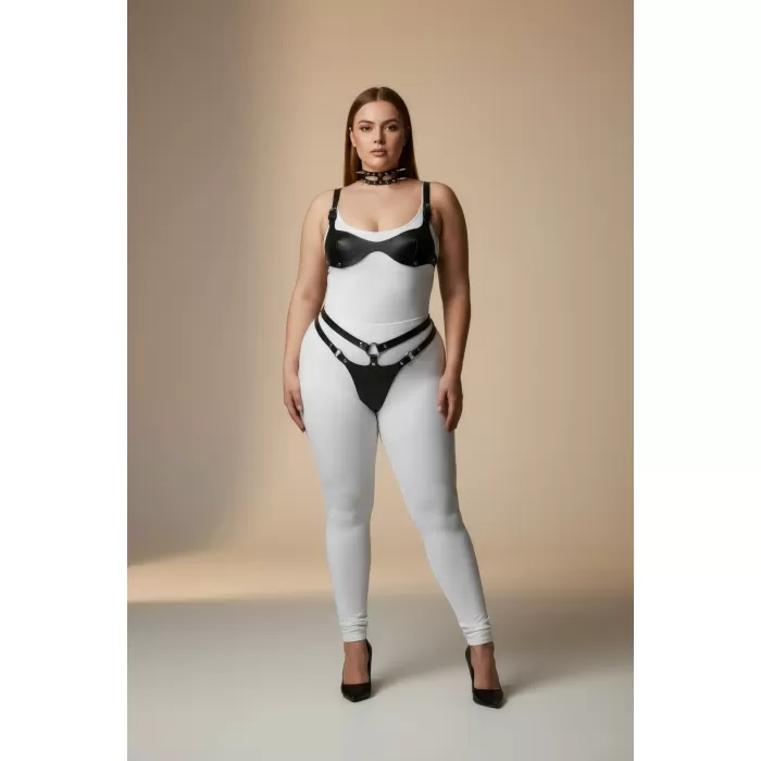 Büyük Beden Siyah Kadın Deri Harness Takım Tasma ve Halka Detaylı Fantezi Aksesuar - APFT1298