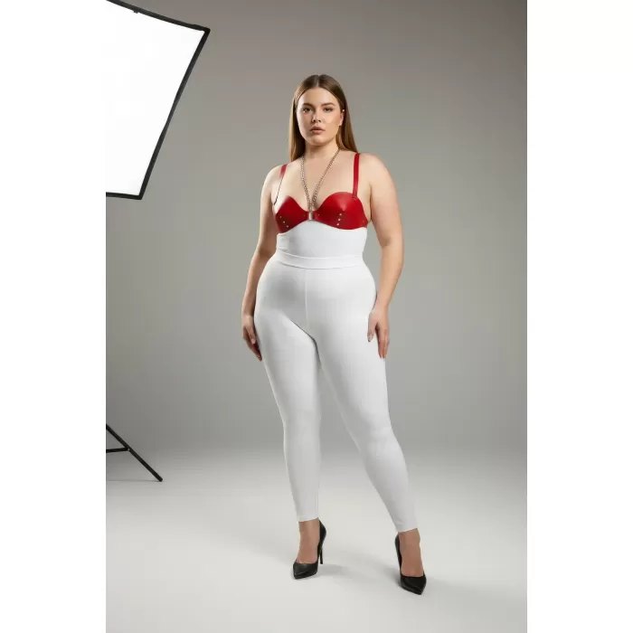 Büyük Beden Kırmızı Kadın Deri Harness Takım Zincir ve Zımba Detaylı Fantazi Sütyen Aksesuarı - APFT1380