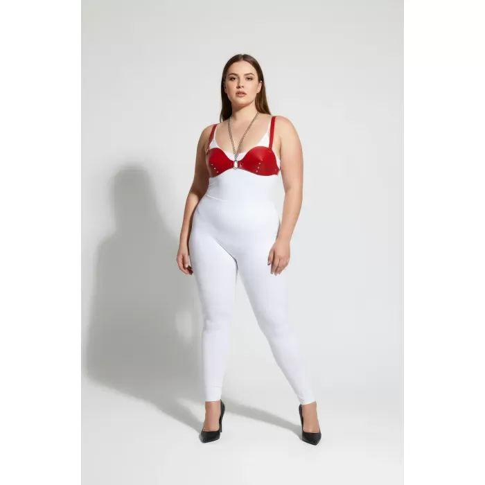Büyük Beden Kırmızı Kadın Deri Harness Takım Zincir ve Zımba Detaylı Fantazi Sütyen Aksesuarı - APFT1380