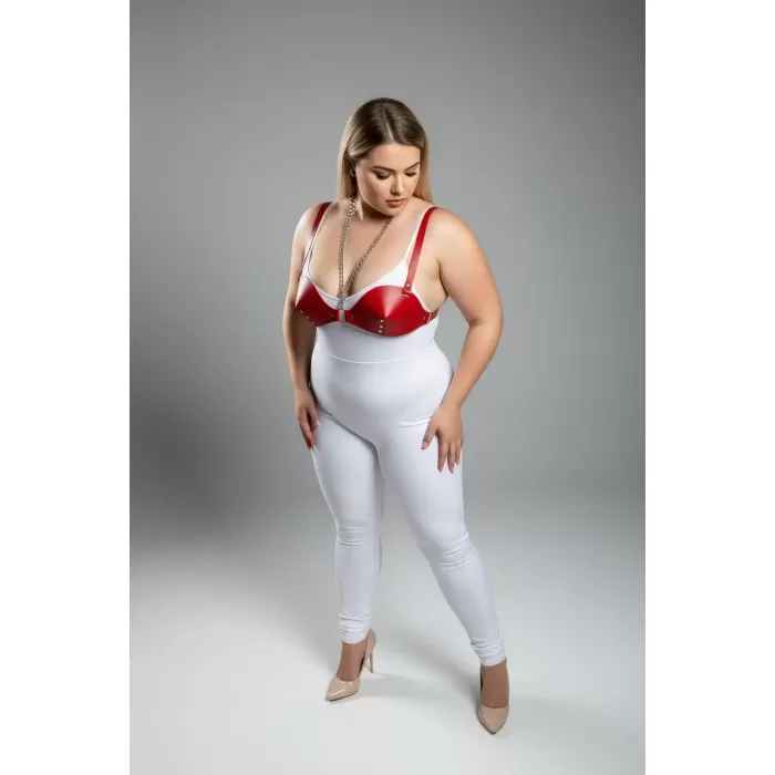 Büyük Beden Kırmızı Kadın Deri Harness Takım Zincir ve Zımba Detaylı Fantazi Sütyen Aksesuarı - APFT1380